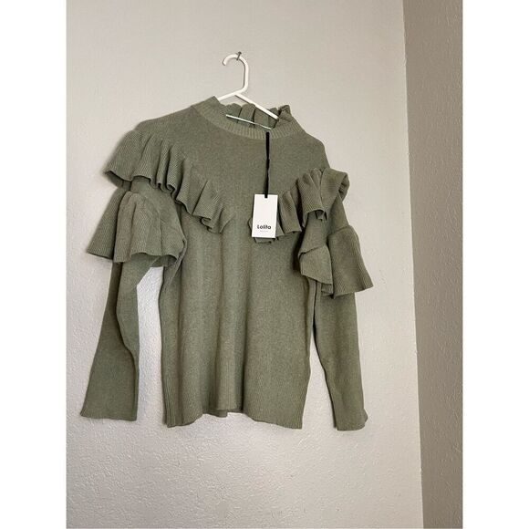 Lolita Sweaters - New Lolita ruffle trim green sweater XL cozy warm